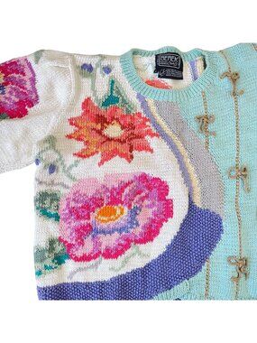 Berek Marta D Sweater Hand Knit Floral Bows Pastels Puffy Short Sleeves Sz Large
